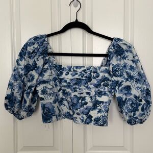 Abercrombie & Fitch Blue Floral Puff Sleeve Crop Top - Size Medium